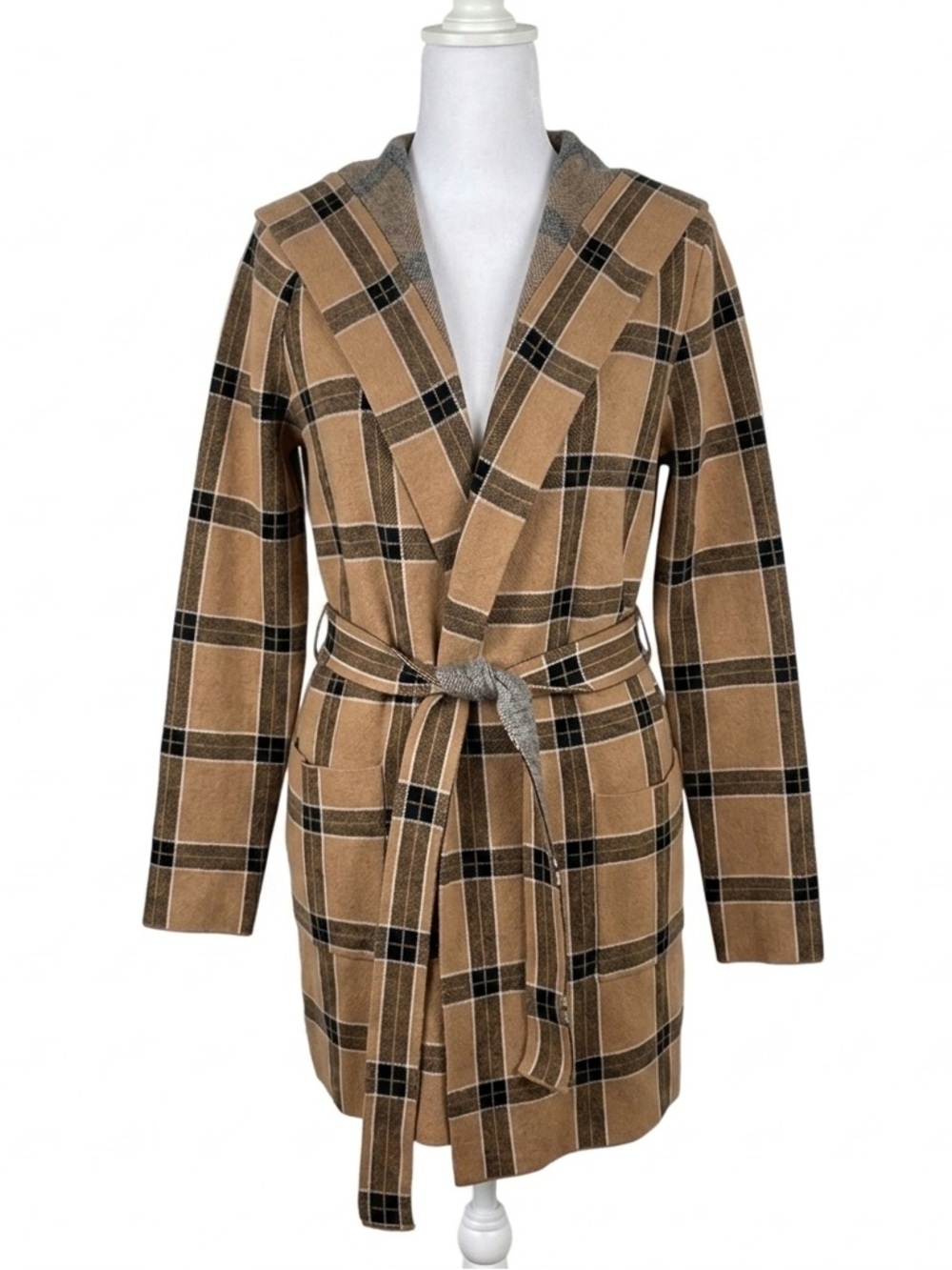 Tahari Plaid Hooded Belted Cardigan Coat Coatigan Tan‎ Black Medium M Jacket